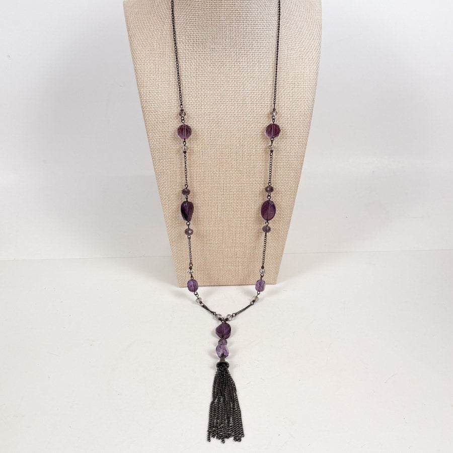 Purple Beaded Tassel Chain Necklace