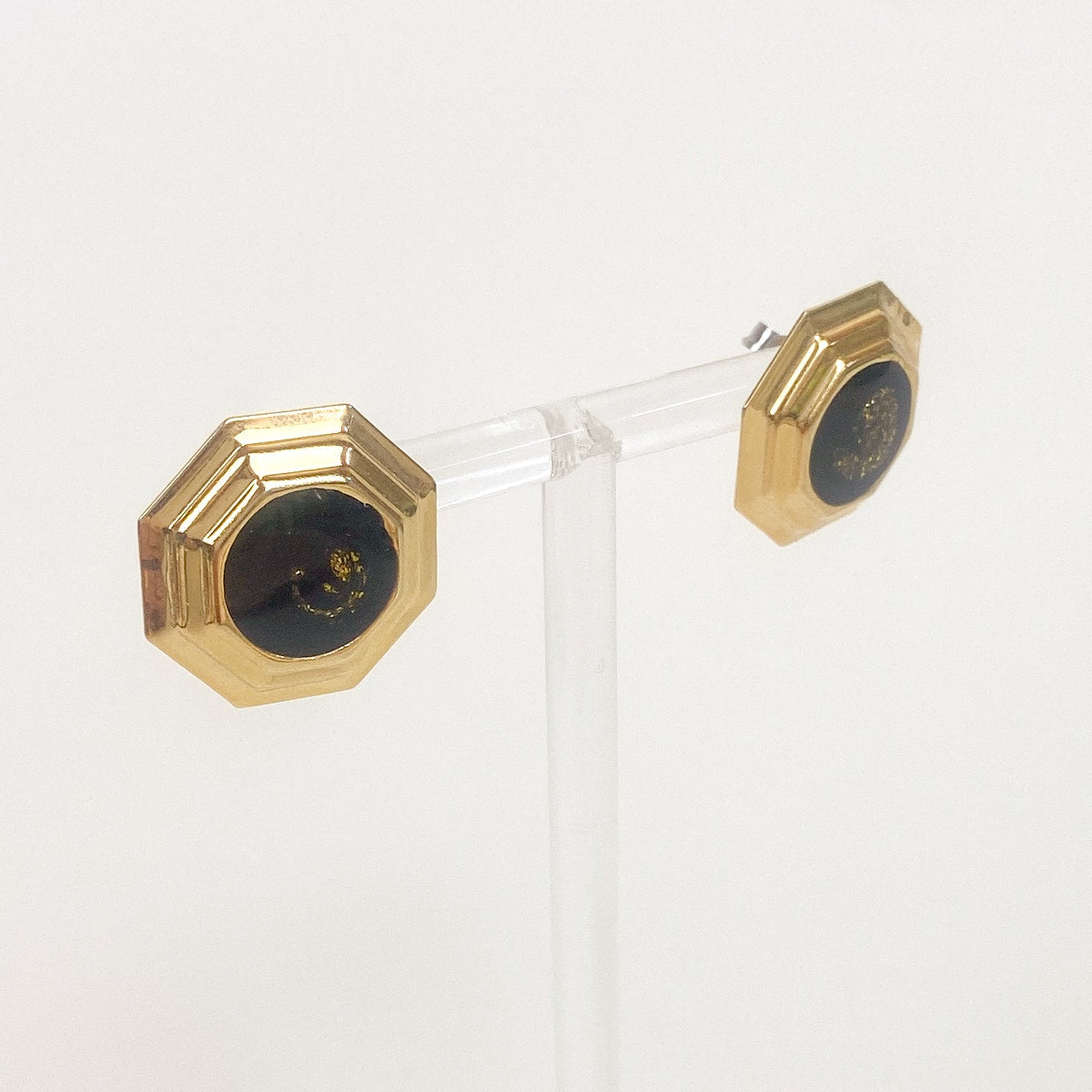 Gold Tone Enamel Stud Earrings Retro Hexagon Bezel