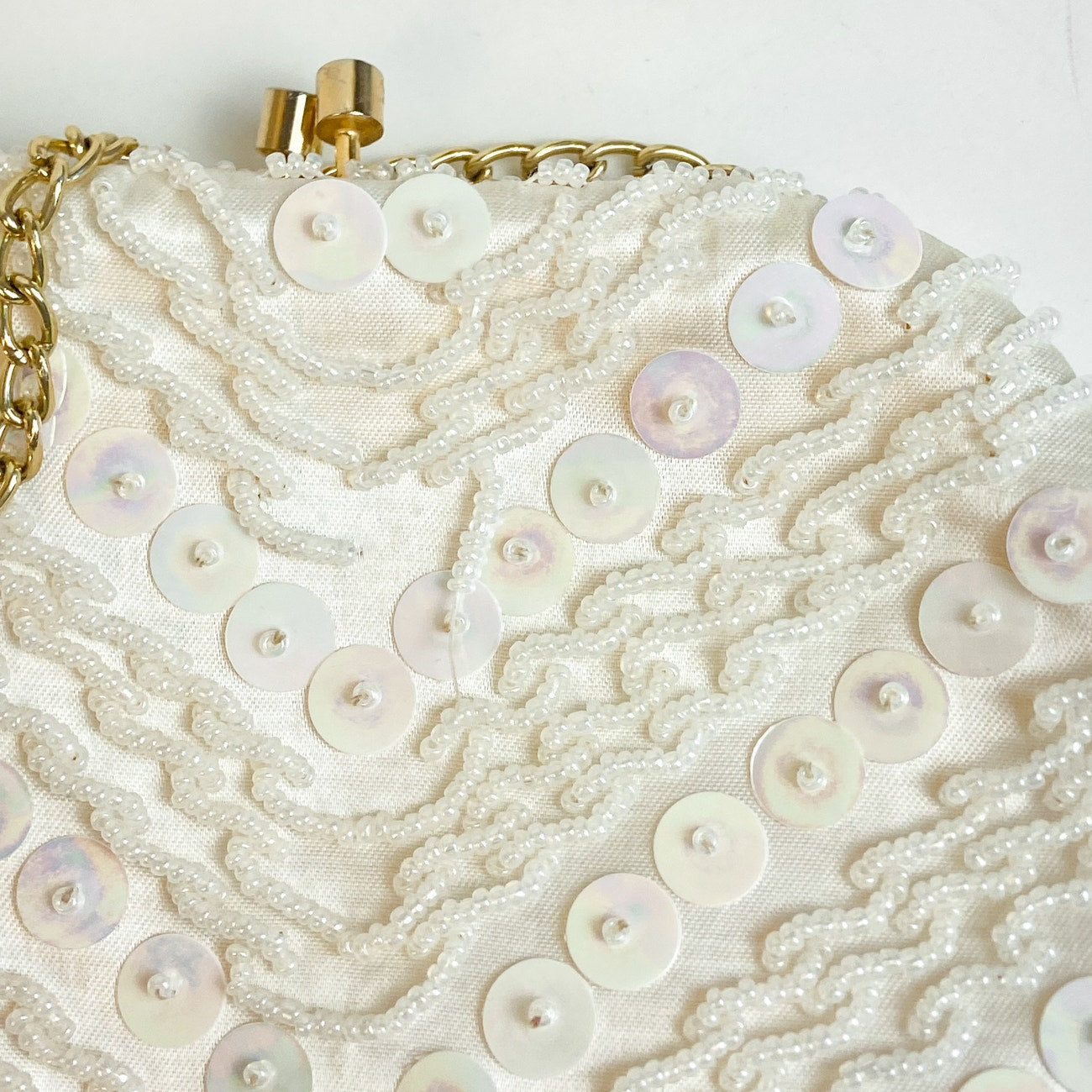 Satin Beaded Evening Bag Hand Made in Hong Kong Cream Gold Tone White Clutch