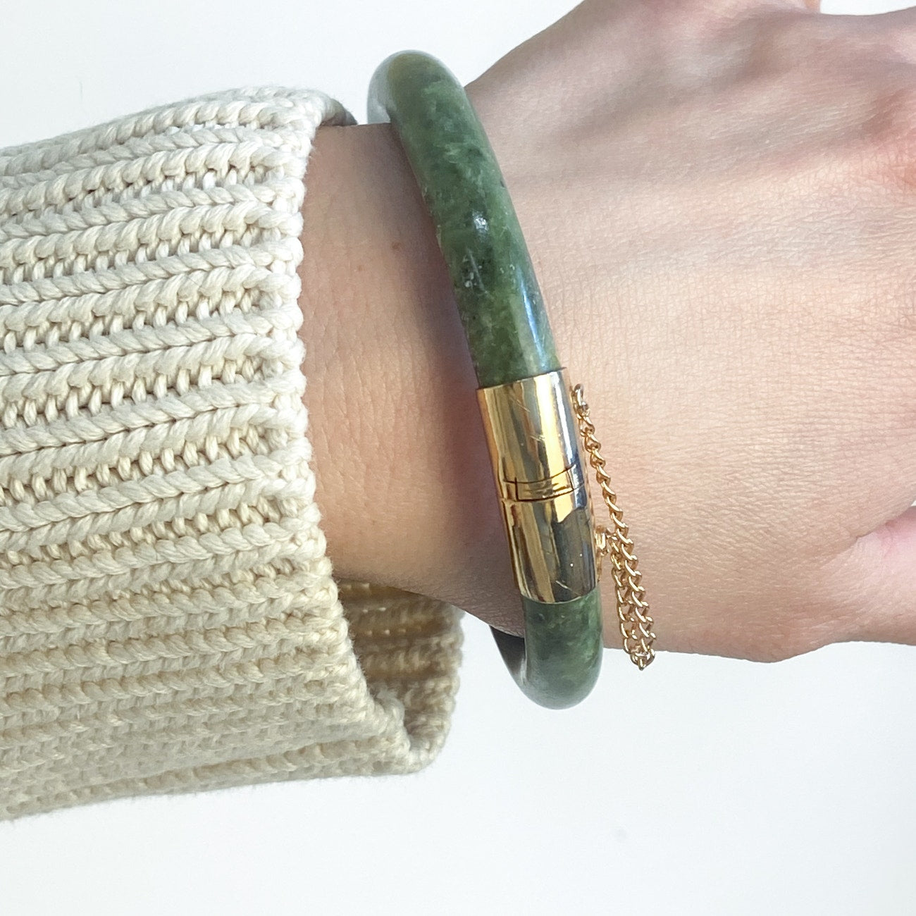 Vintage Chinese Spinach Jade Bangle Bracelet With Gold-Plated Clasp