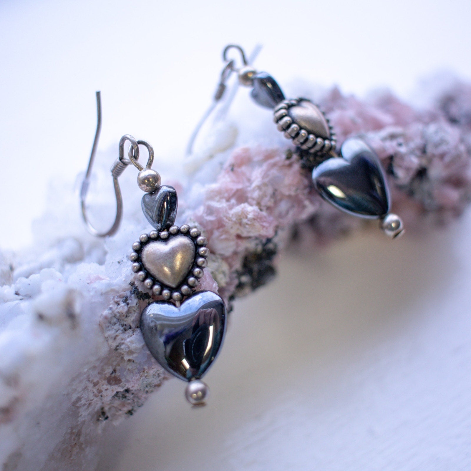 Silver Beaded Heart Dangle Earrings