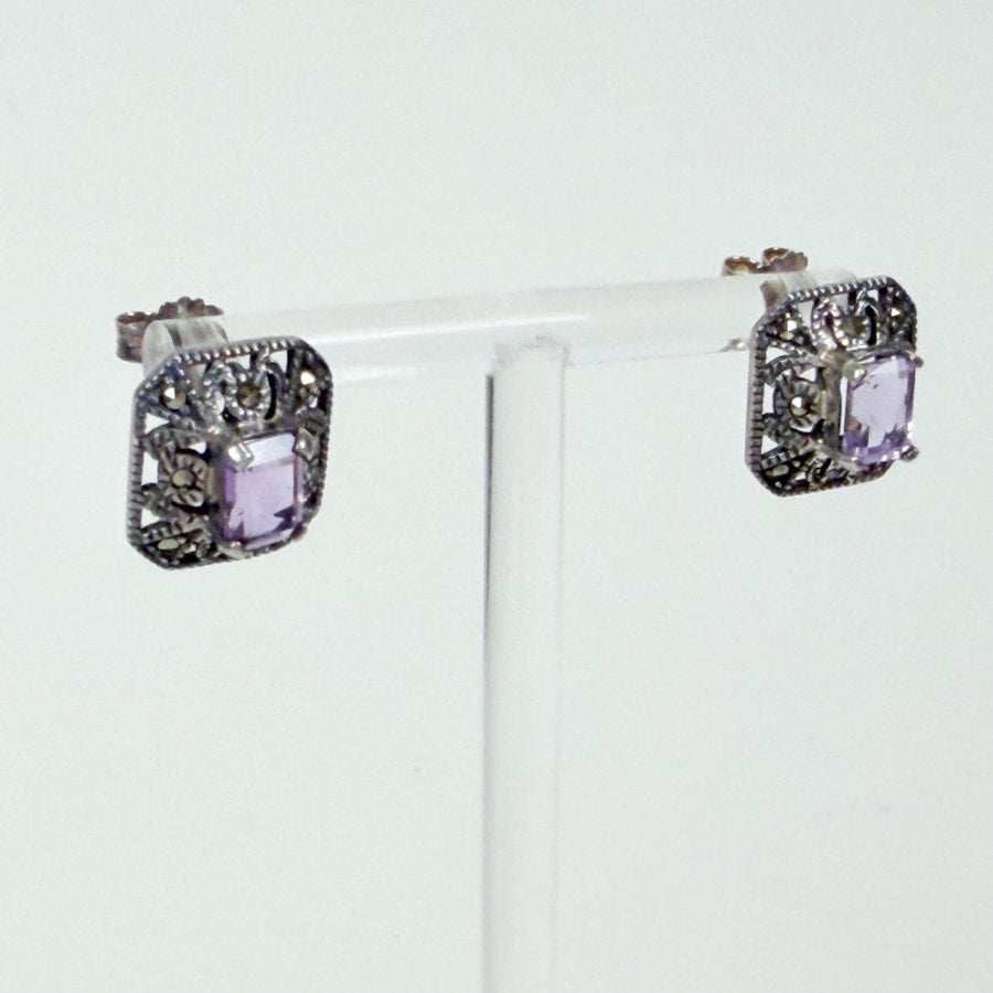 Stud Earrings Sterling Silver Hexagon Amethyst
