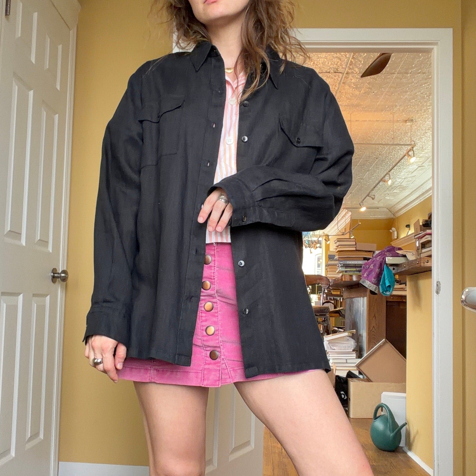 100% Linen Black Button Down