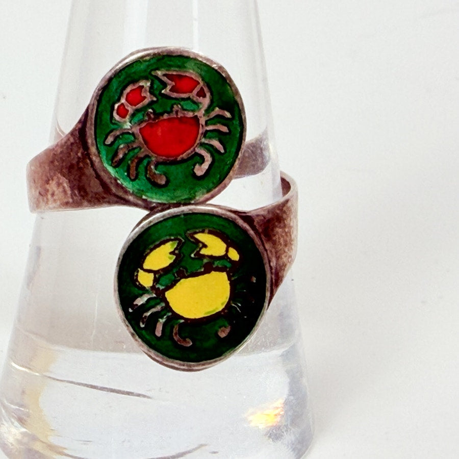 Green & Red Crab Sterling Silver Wrap Ring Adjustable Size 10.5