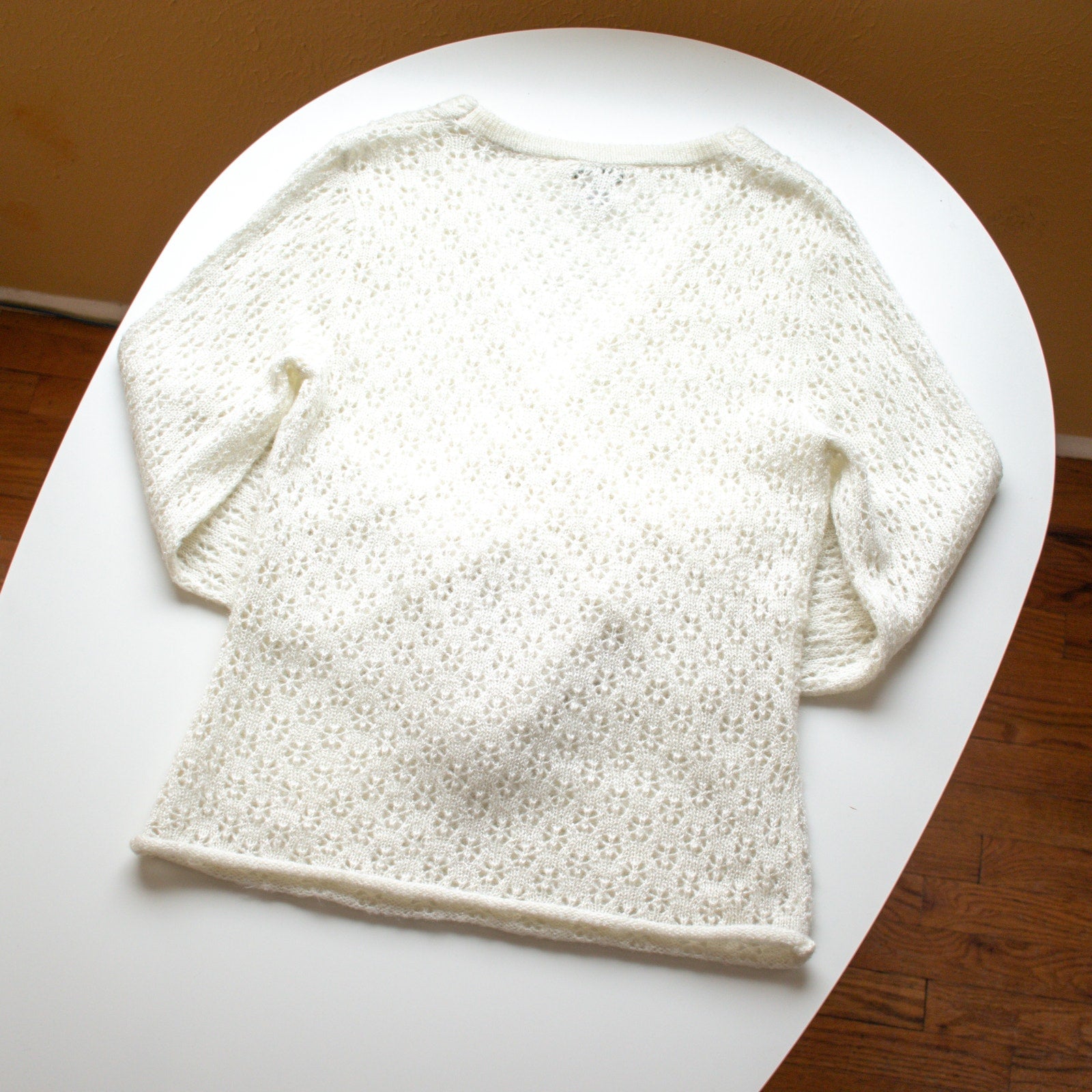 Vintage Cream Bell Sleeve Open Knit Wrap Top Size Large