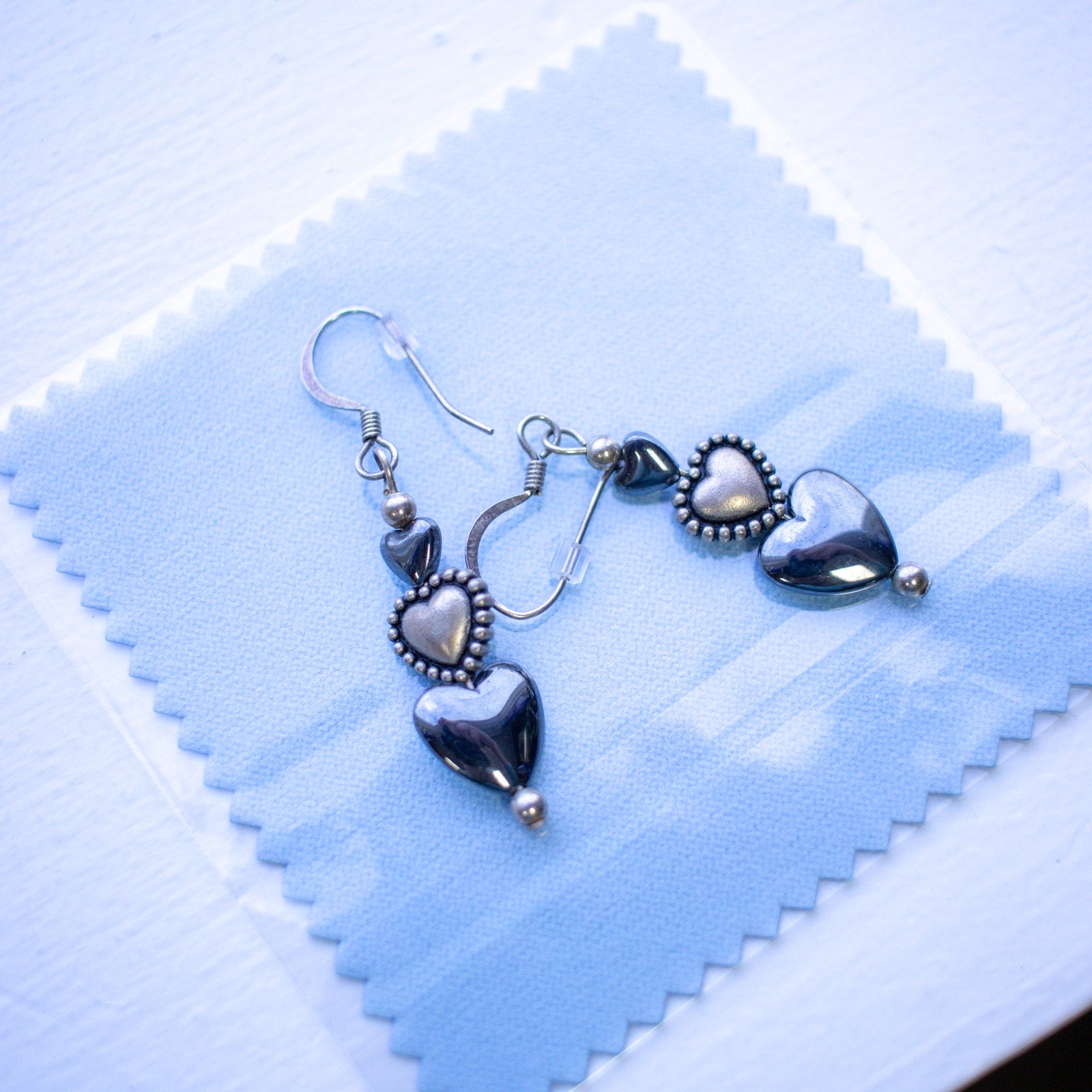 Silver Beaded Heart Dangle Earrings