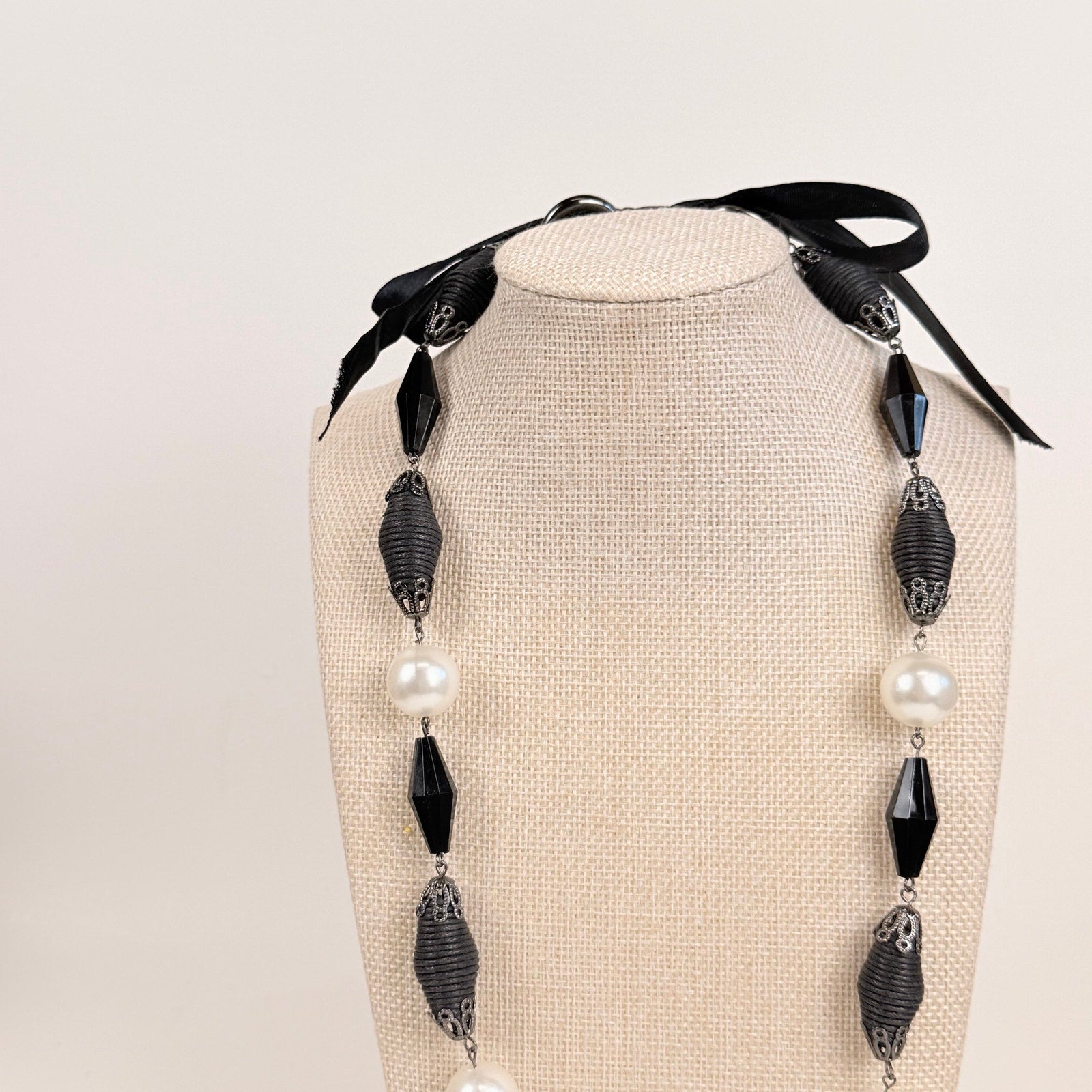 Tie Back Station Necklace Black and Pearlescent Beads Long Statement
