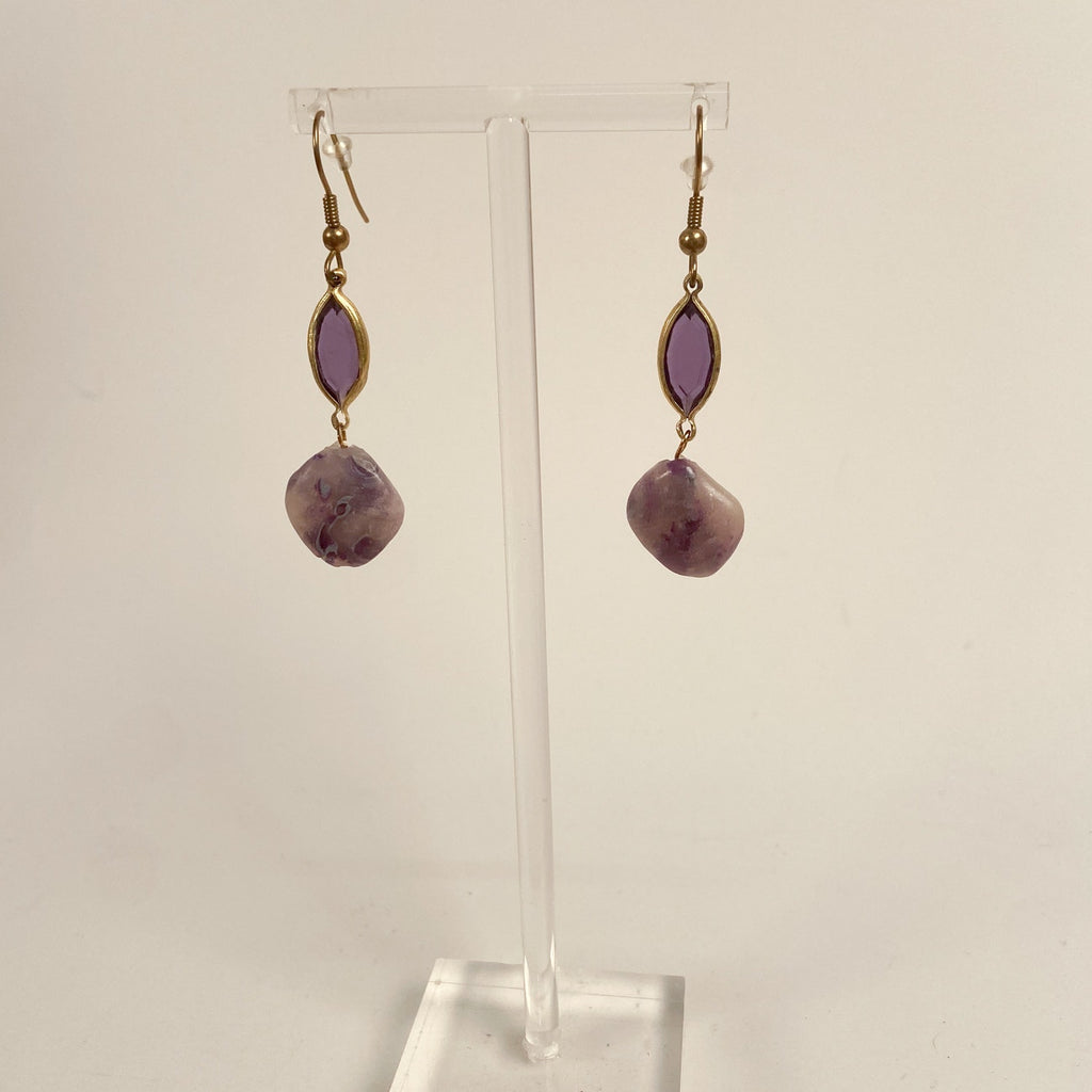 Gold Tone Purple Mineral Earrings