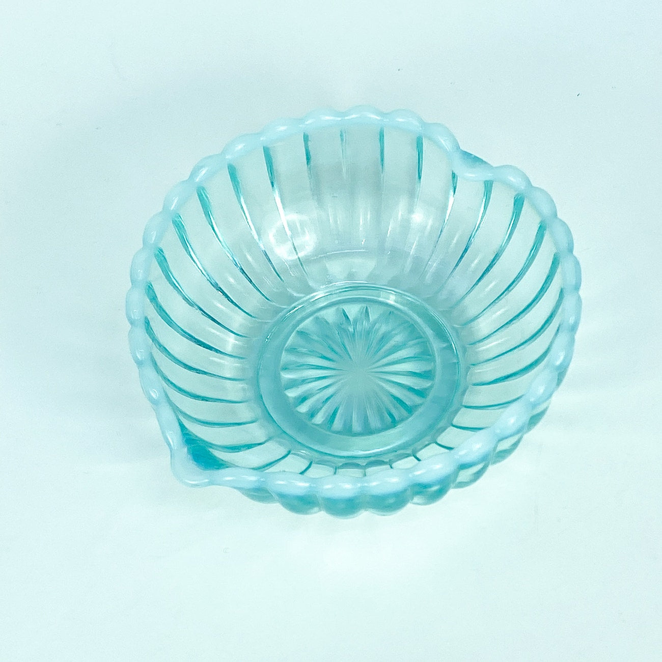 80s-90s Fenton Light Aqua Blue Opalescent Edged Heart Bowl