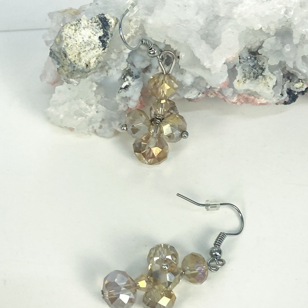 Vintage Glass Bead Cluster Dangly Earrings Champagne Beads