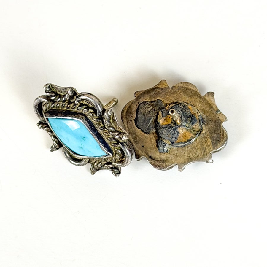 Sterling Silver and Tuqruoise Ornate Stud Earrings Screw Back