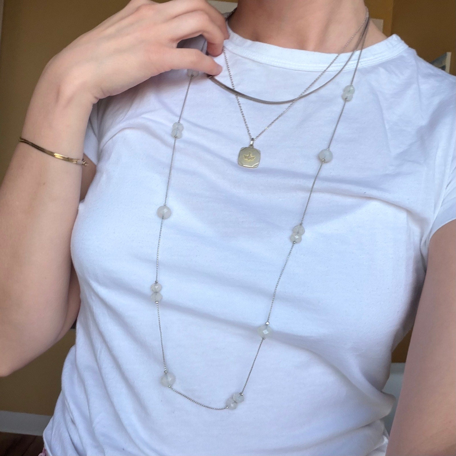 Silvery Iridescent Beaded Strand Necklace | Long Station Necklace