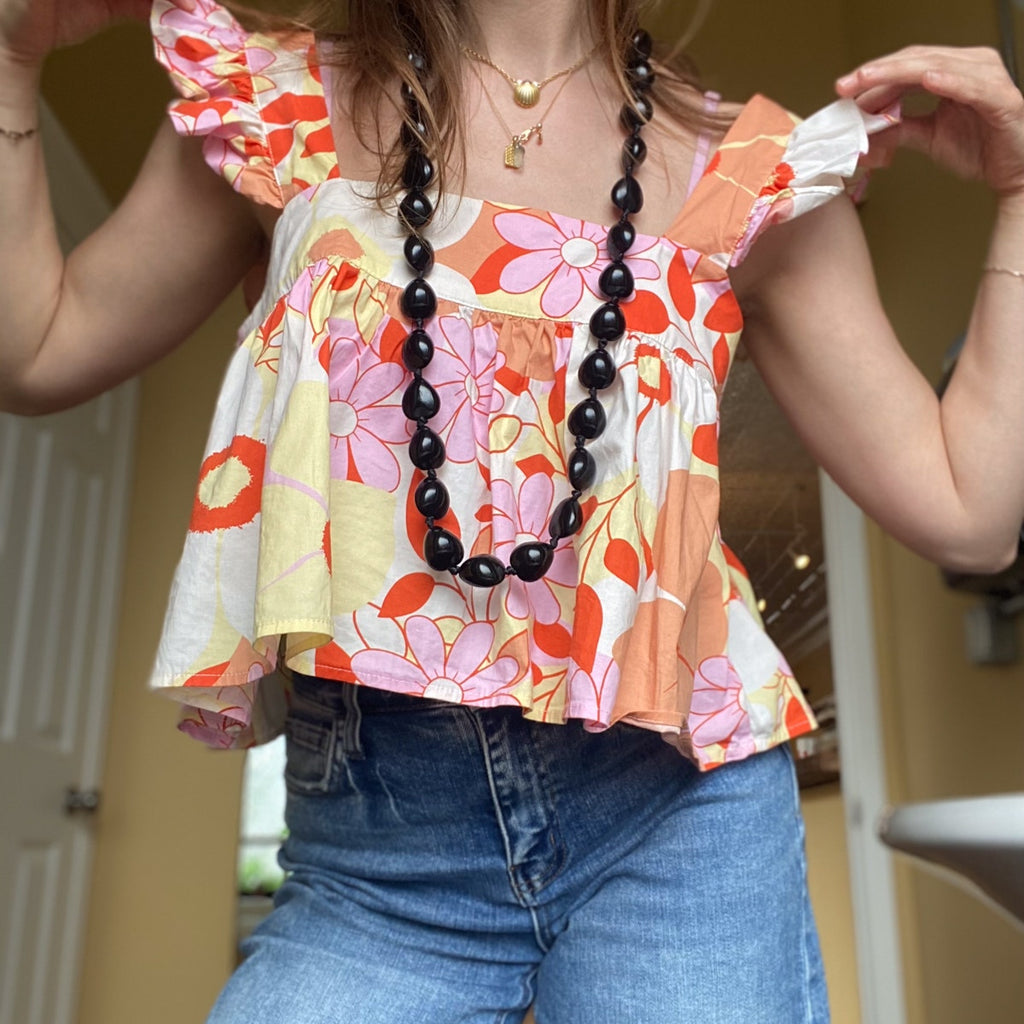 Hand Knotted Black Ribbon Tie Beaded Necklace