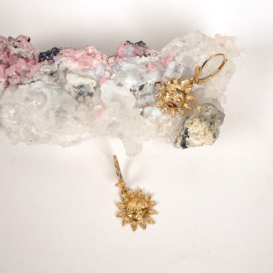 14K Yellow Gold Sun Celestial Charm Earrings