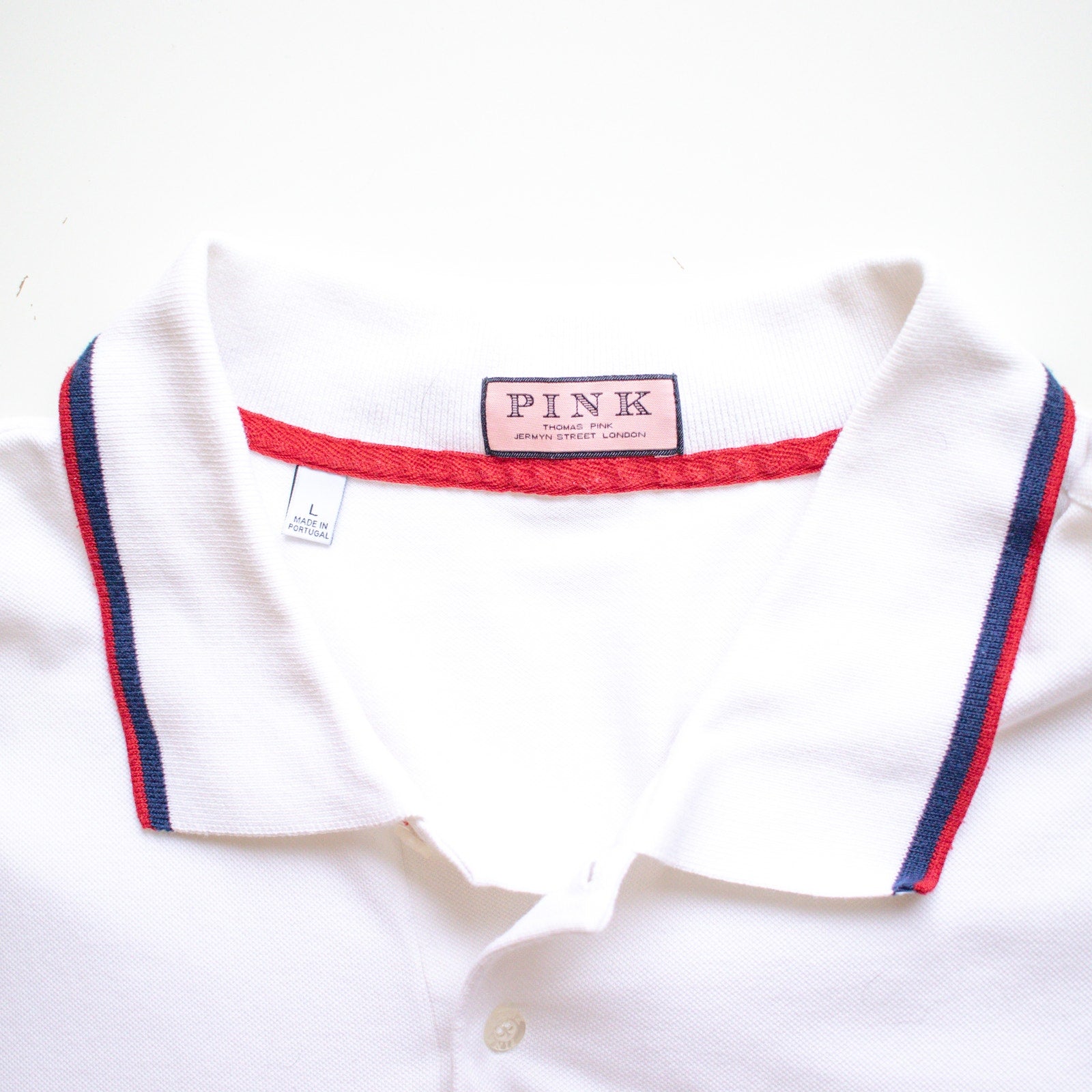 PINK Jerome Pink Red and Blue Striped White Polo Shirt Size Large