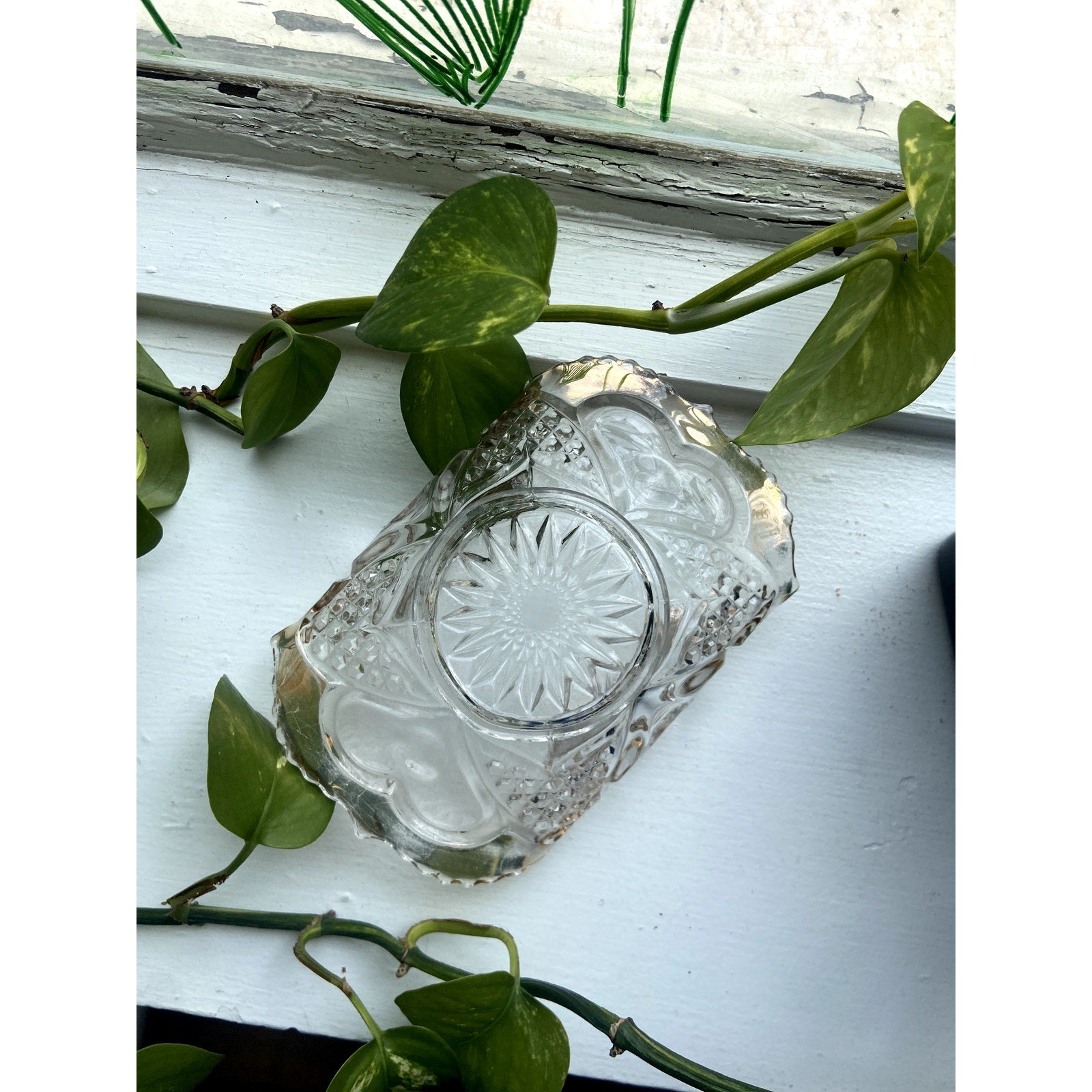 Antique Glass Jewelry Dish with Gold Trim, Pinched edges, Business Card Holder