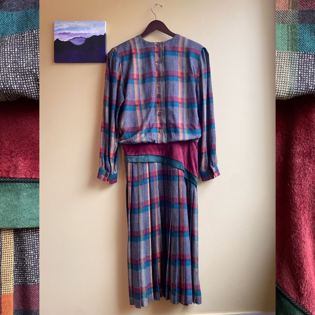 Plaid Workwear Dress Vintage Saks Fifth Avenue Pleated Skirt Drop Waist Size 12