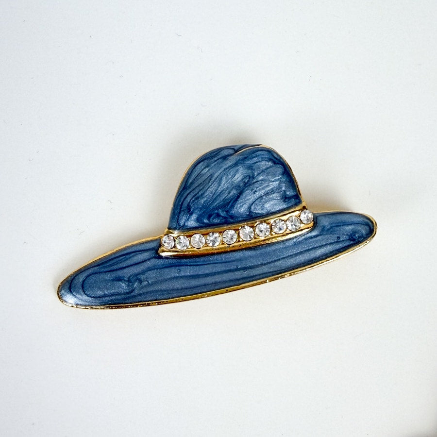 2 Blue Brooches Crystal and Hand Painted Enamel Hat Brooches
