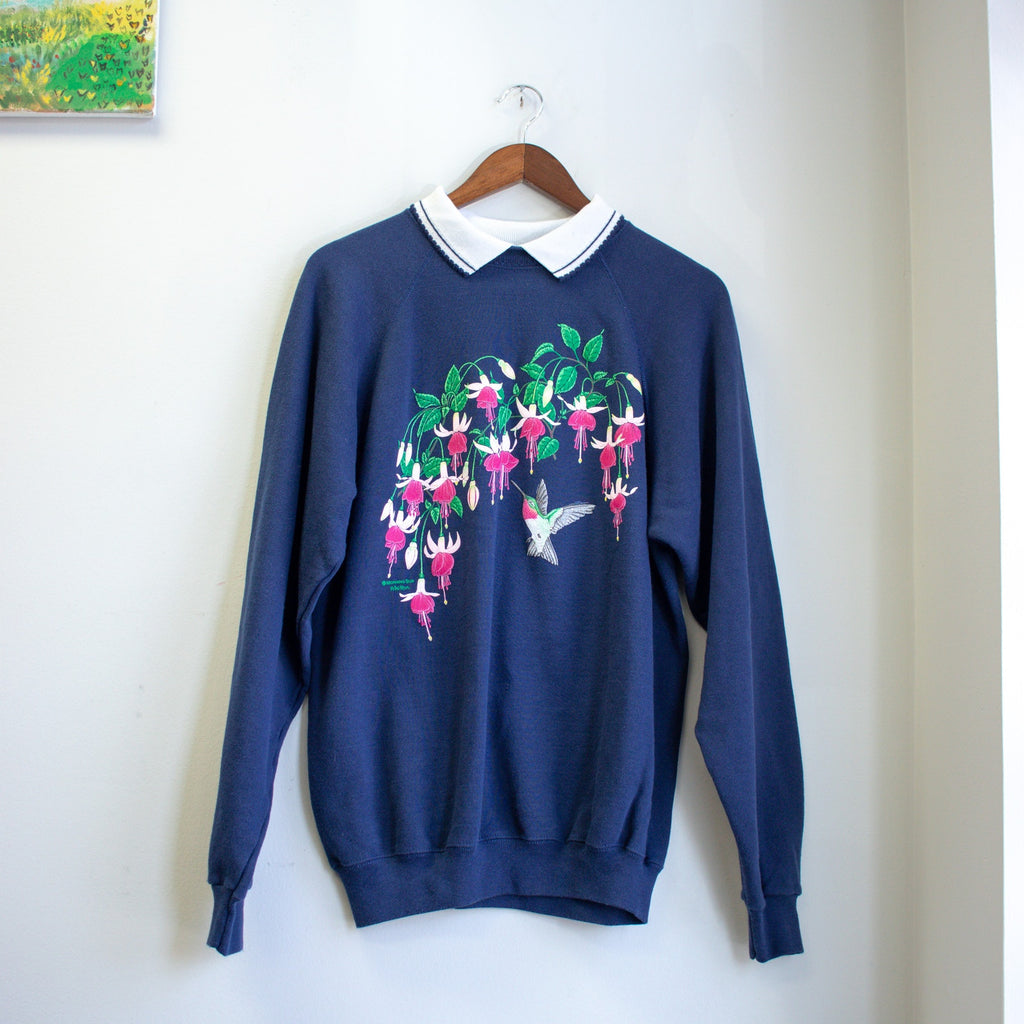 Hummingbird Print Collared Sweatshirt Size XL