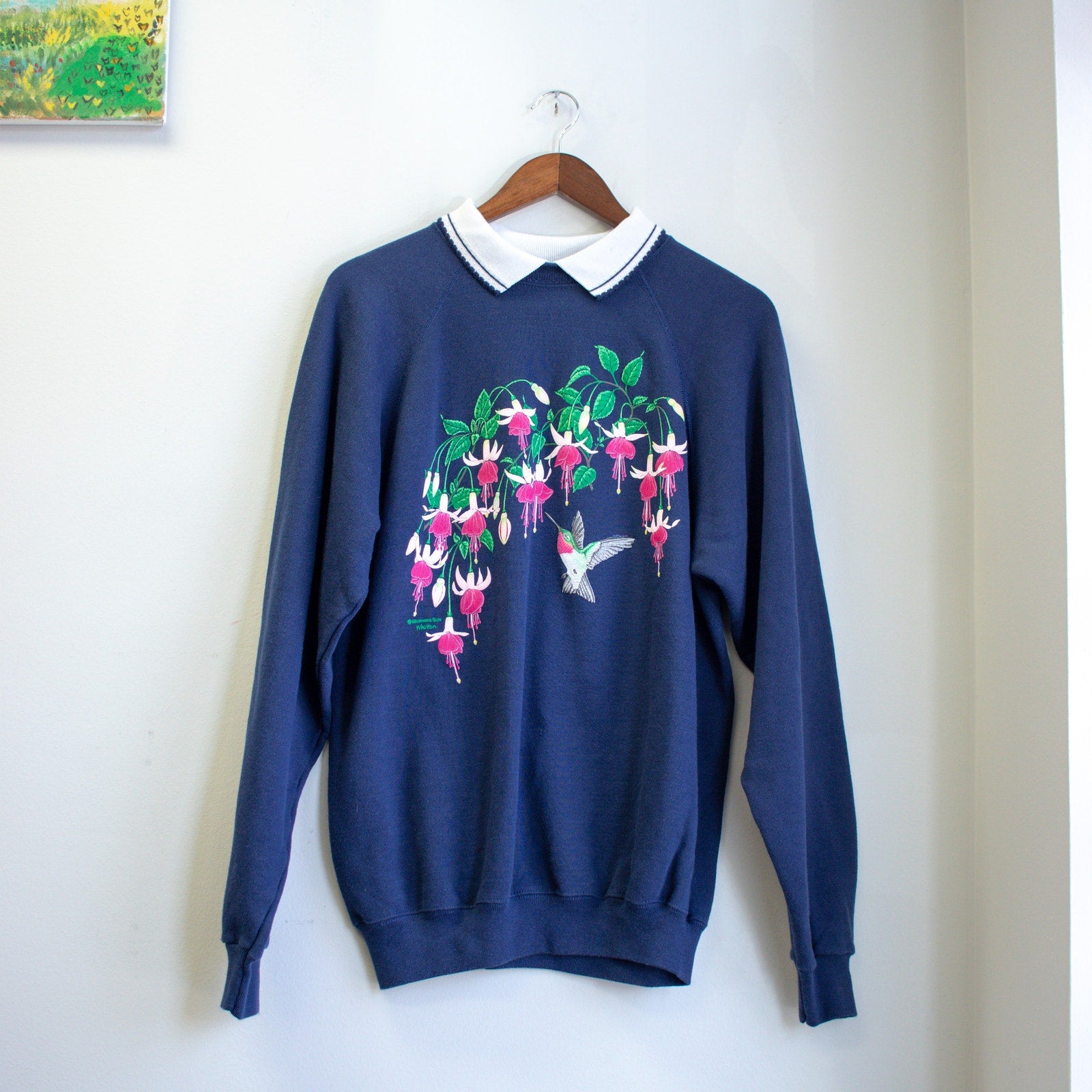 Hummingbird Print Collared Sweatshirt Size XL