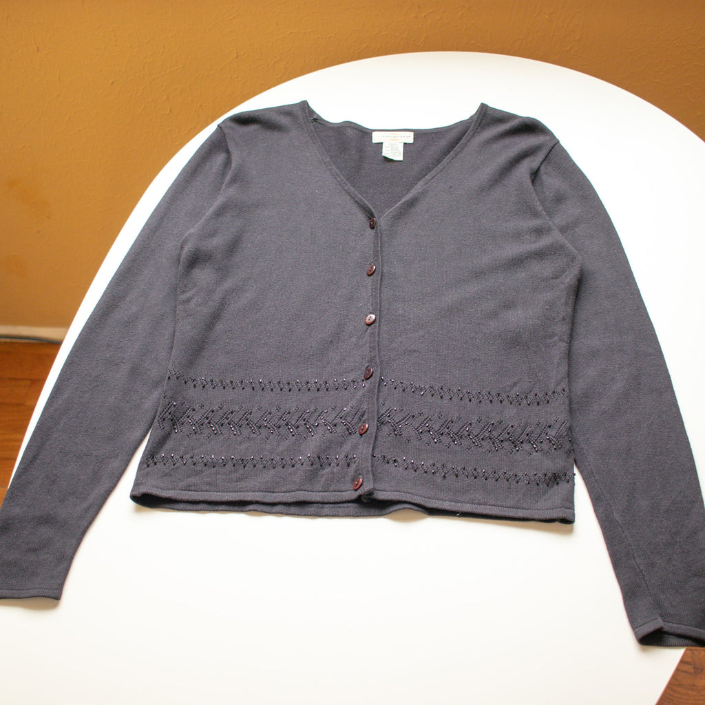 Black Beaded V-Neck Cotton-blend Cardigan Size Small