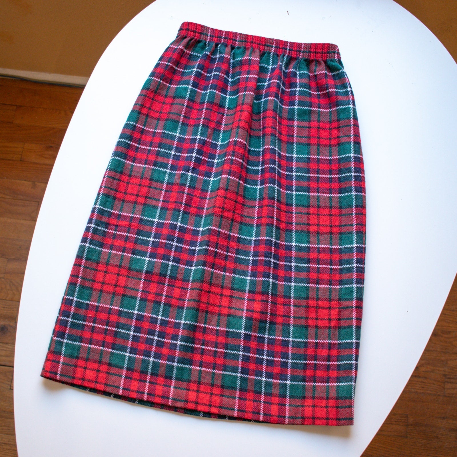 Grandmacore Vintage Red Green Plaid Tartan Elastic Waist Skirt