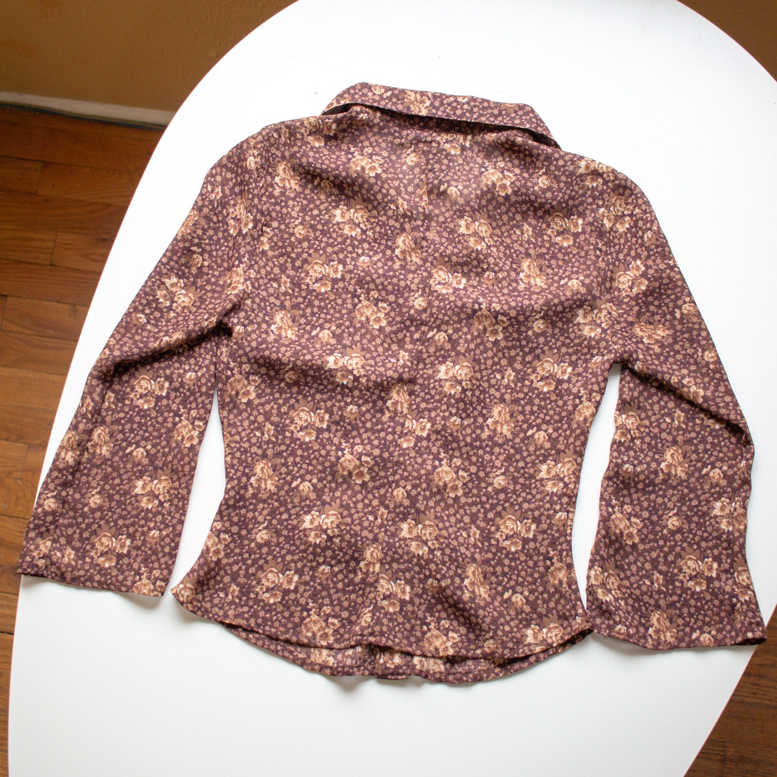 Vintage Brown Sheer Floral Bell Sleeved Blouse Size Small