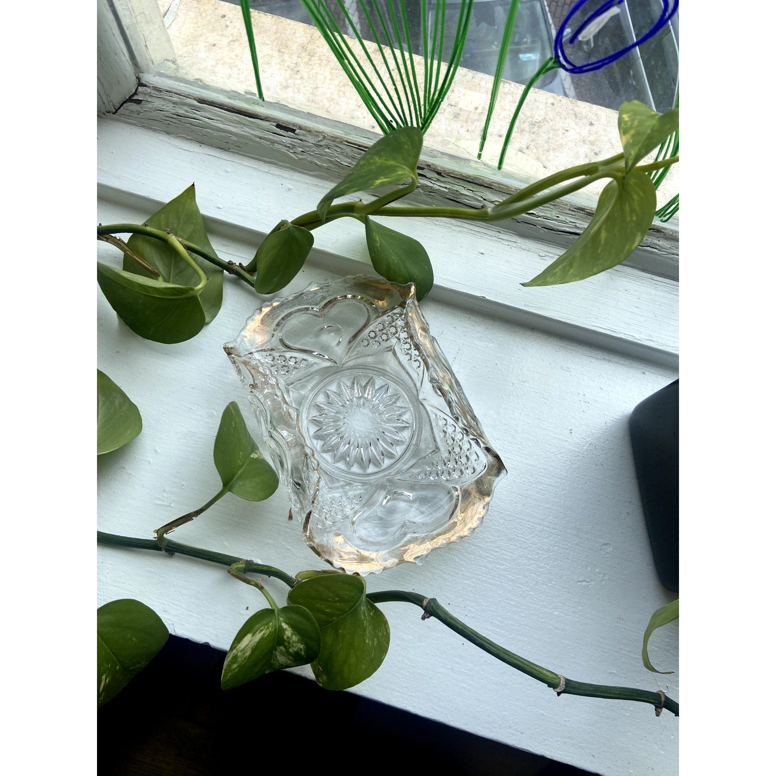 Antique Glass Jewelry Dish with Gold Trim, Pinched edges, Business Card Holder