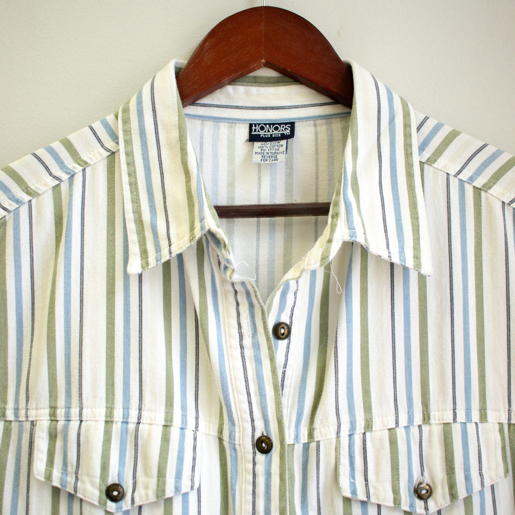 Honors Green and Blue Striped Sleeveless Denim Collar Button-up Plus Size 40/20W