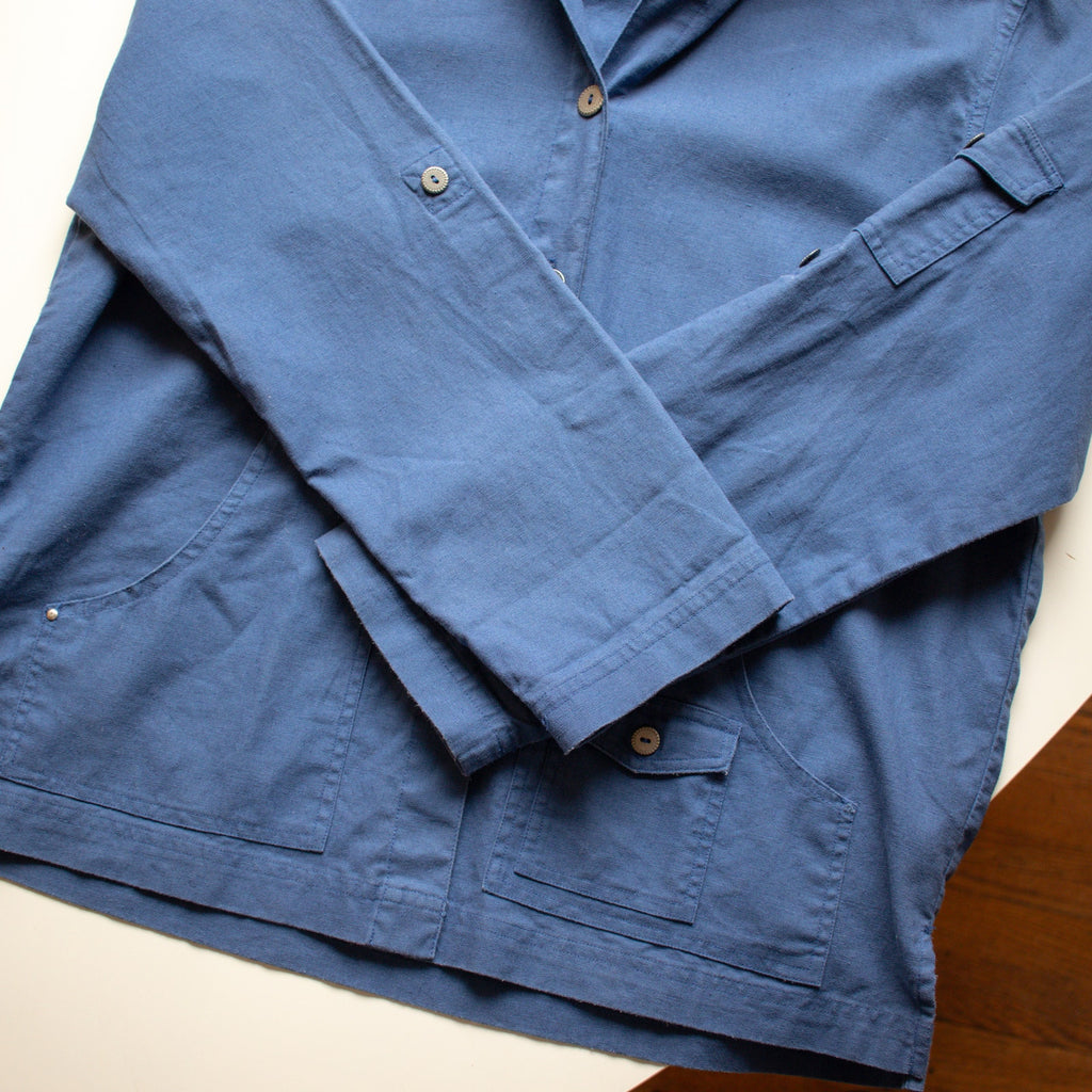 Vintage Floral Hooded Blue Button-up Chore Coat Jacket