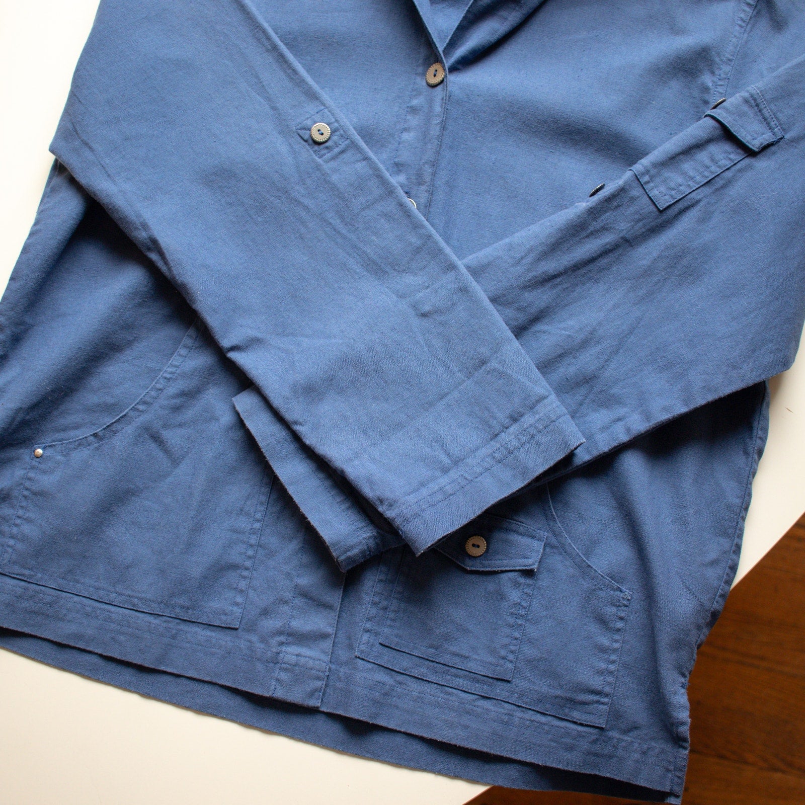 Vintage Floral Hooded Blue Button-up Chore Coat Jacket