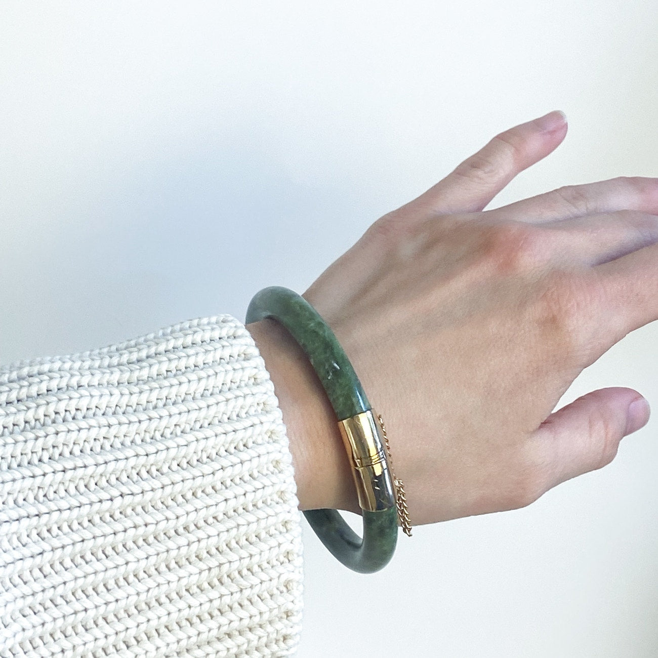 Vintage Chinese Spinach Jade Bangle Bracelet With Gold-Plated Clasp