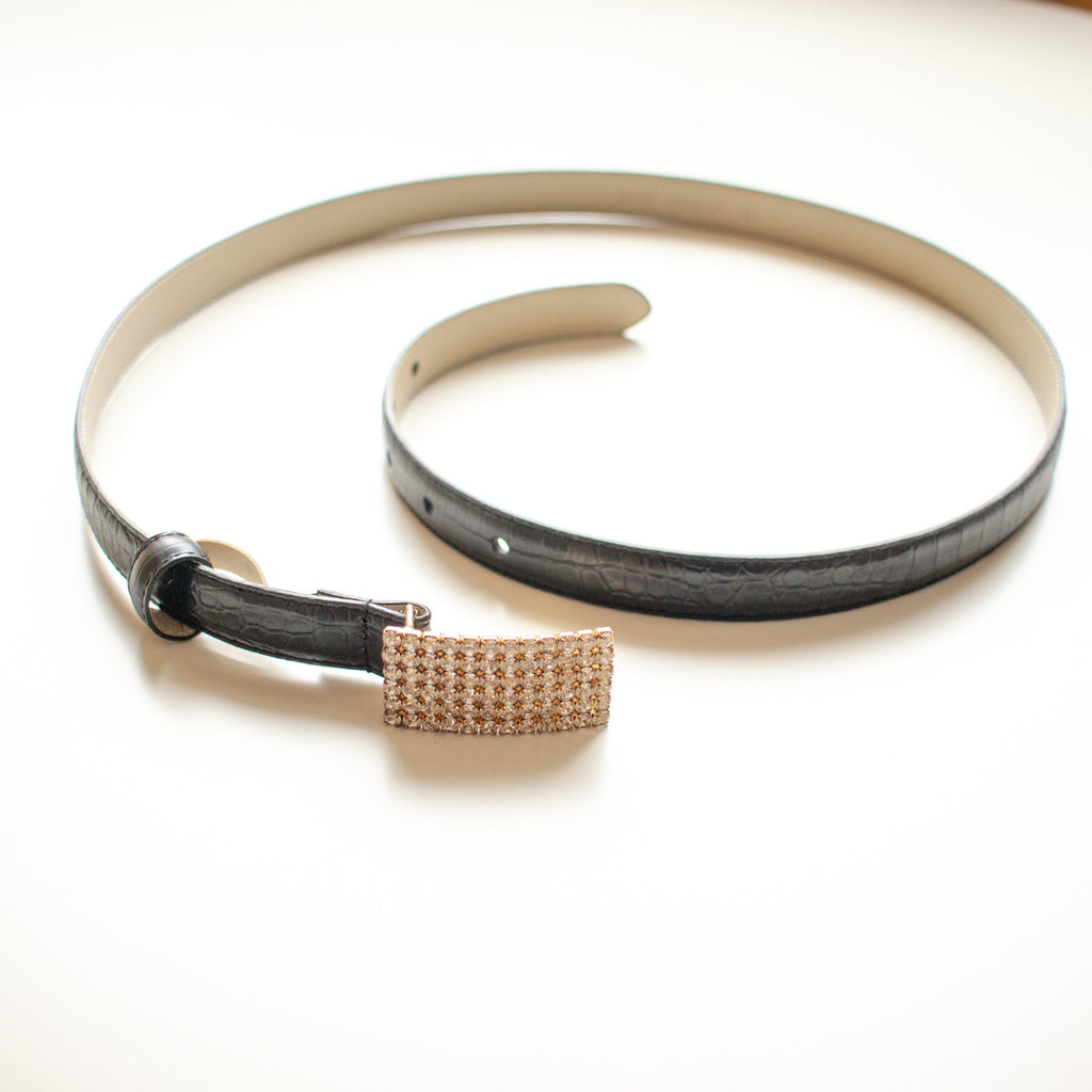 Black Crocodile Embossed Skinny Belt