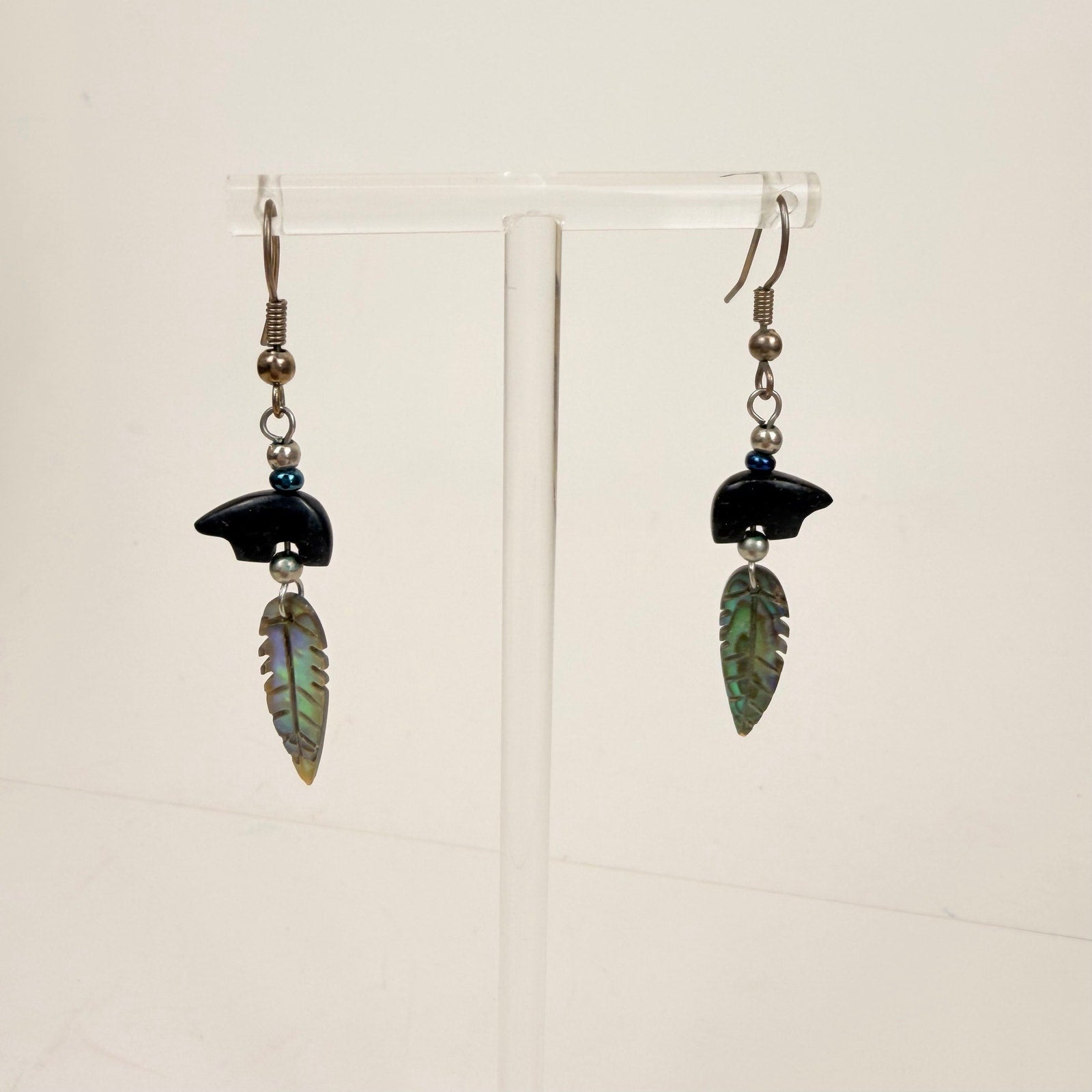 Bear and Leaf Dangly Earrings Silver Tone