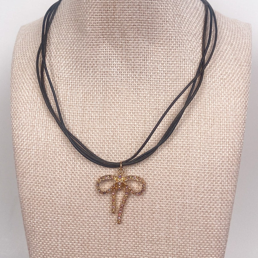 Gold with Pink Rhinestones Bow Necklace