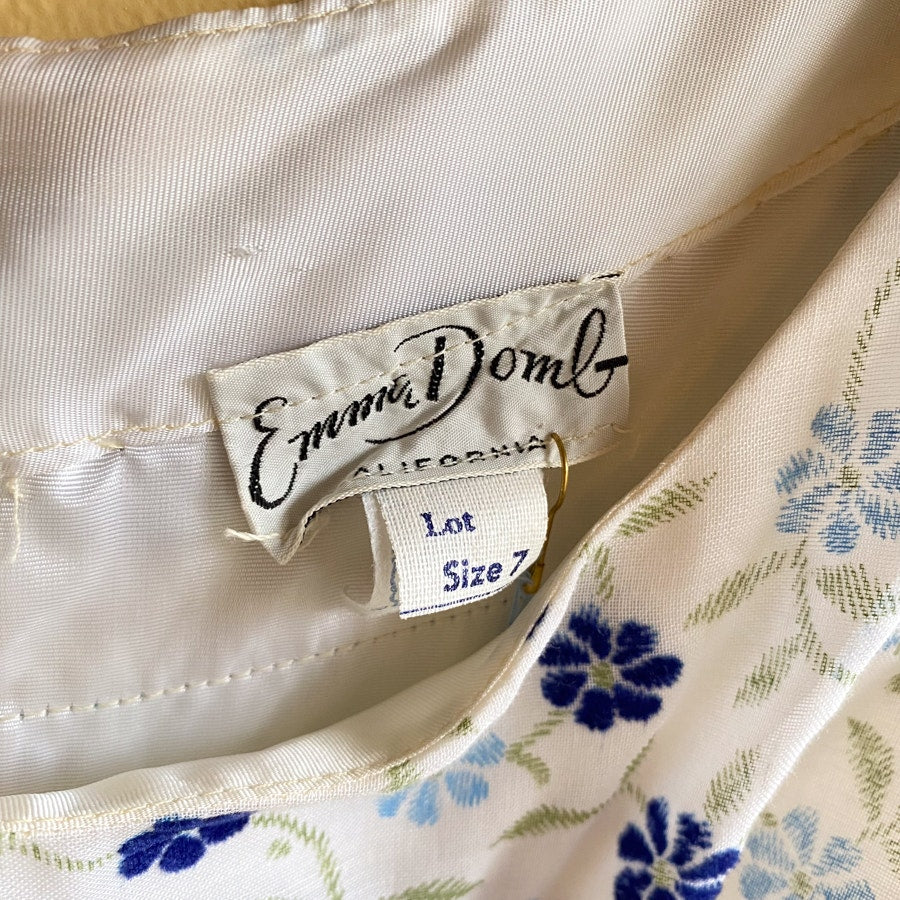 1970s Blue Floral Empire Waist Emma Domb California Vintage Bridesmaids Dress  Size 7