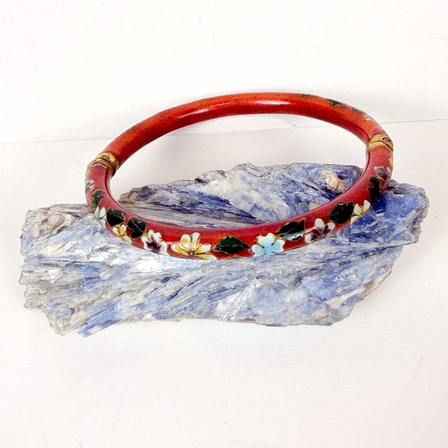 Vintage Red Green/Gold/Blue/White Cloisonné Hinged Bangle Bracelet Floral