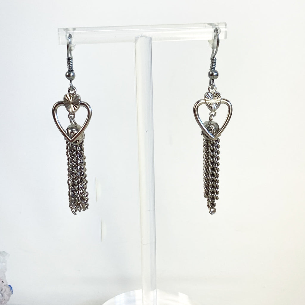 Silver Earrings | Dangly Silver Tassel Heart Earrings