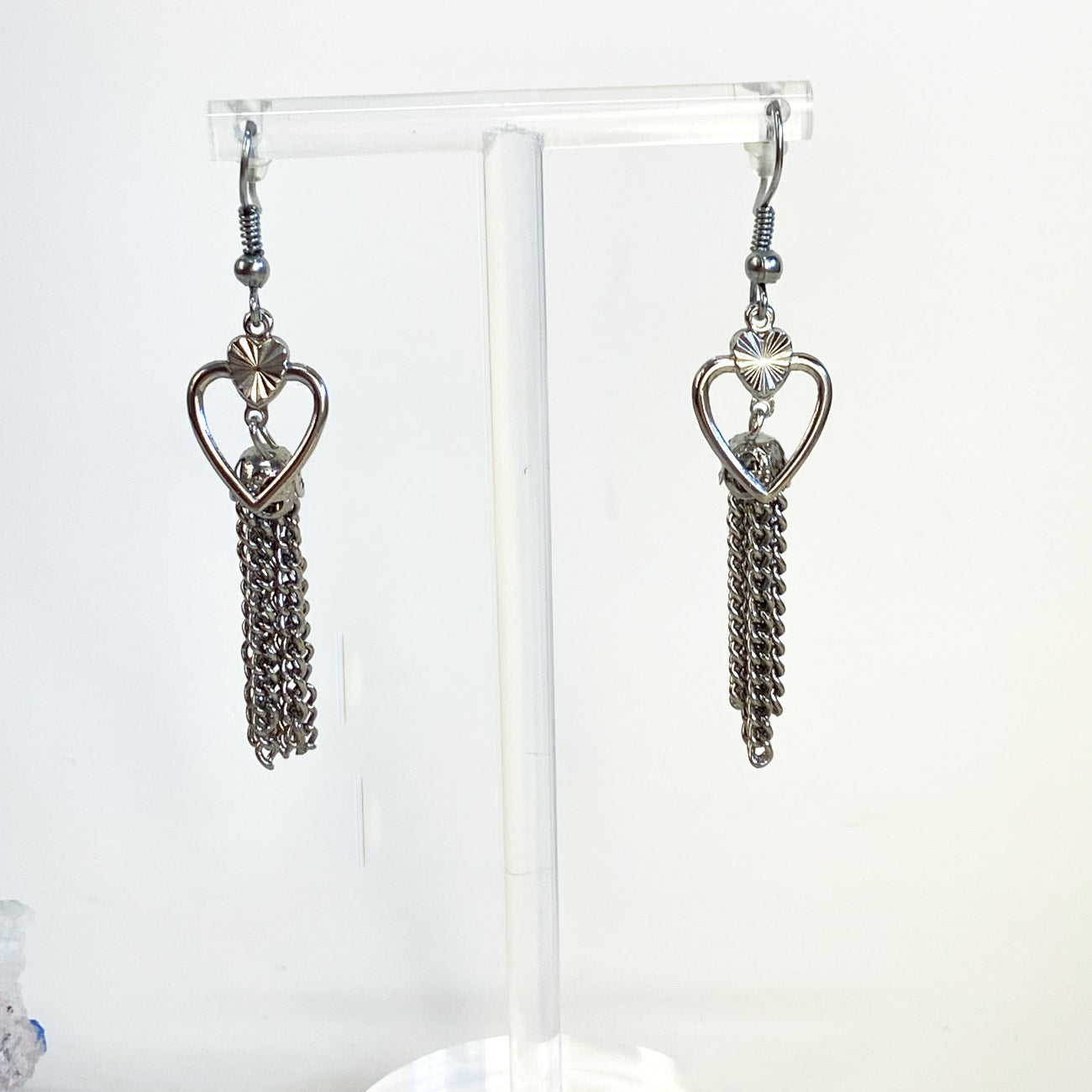 Silver Earrings | Dangly Silver Tassel Heart Earrings