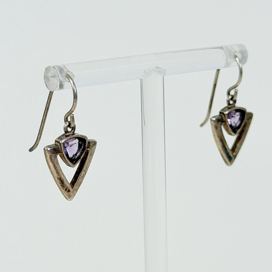 Sterling Silver Earrings Vintage Amethyst Drop Art Deco Small