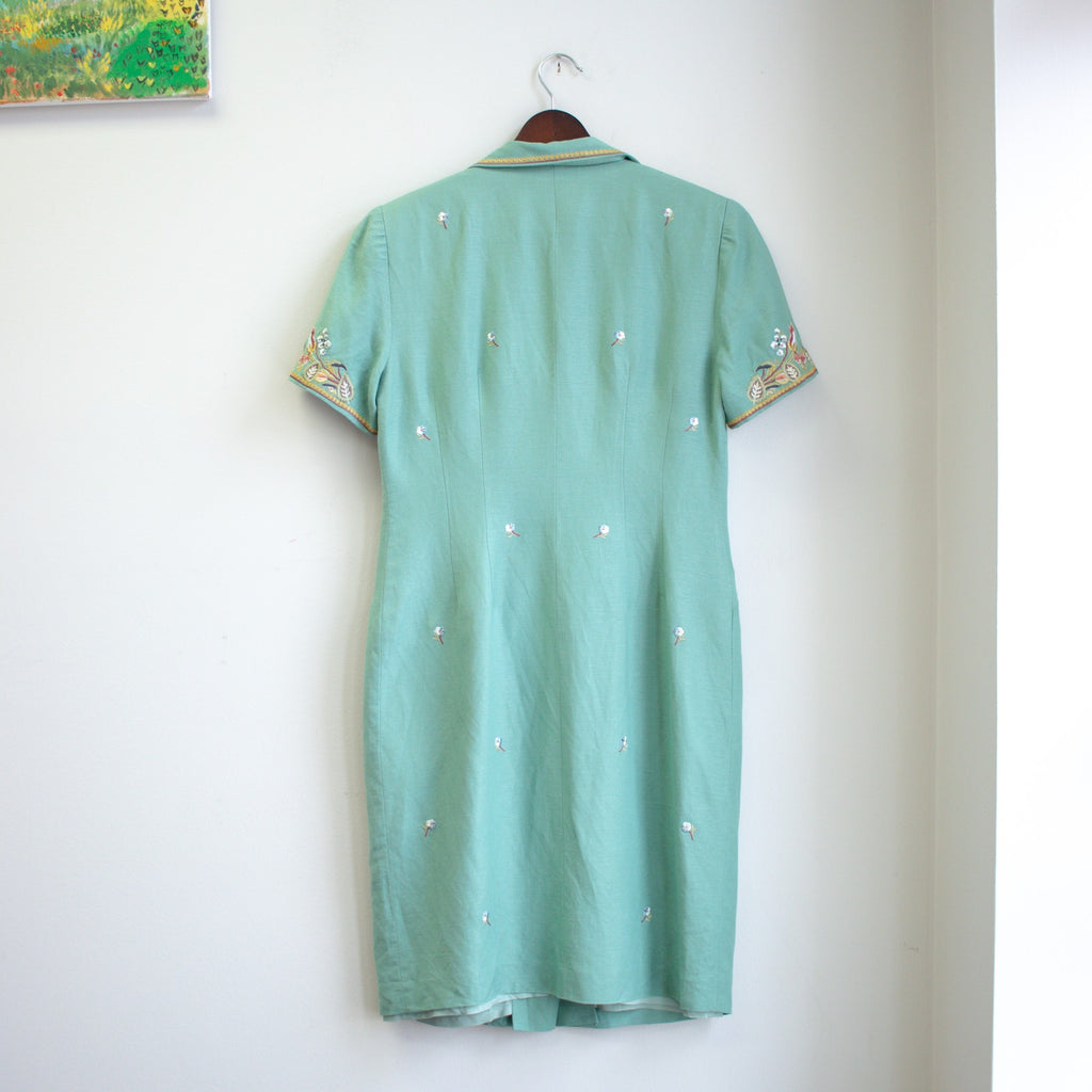 Vintage Donna Morgan Sea Green Knee Length Button Sheath Dress Size Petite 8