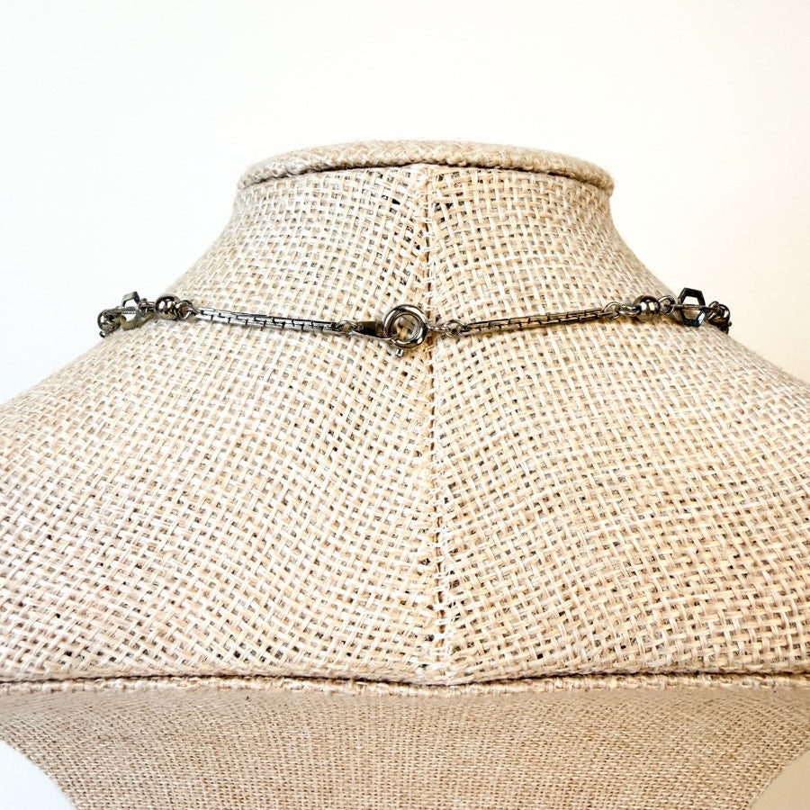Vintage Silvery Station Necklace Open Work Cage Beads Short Chain