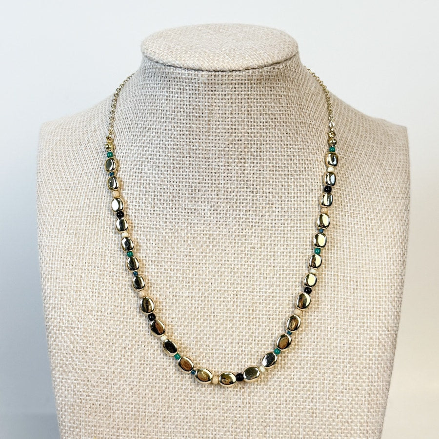 Gold White Green and Black Beaded Ann Taylor Loft Necklace