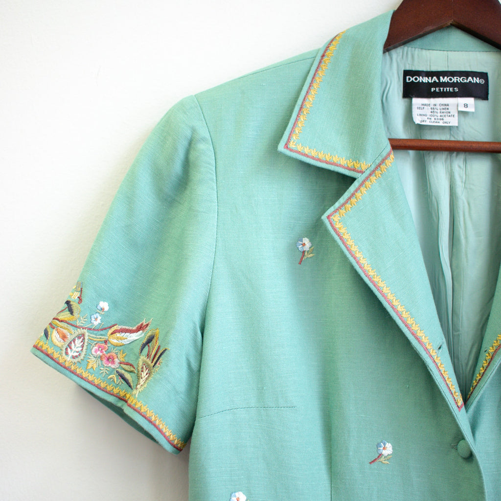 Vintage Donna Morgan Sea Green Knee Length Button Sheath Dress Size Petite 8