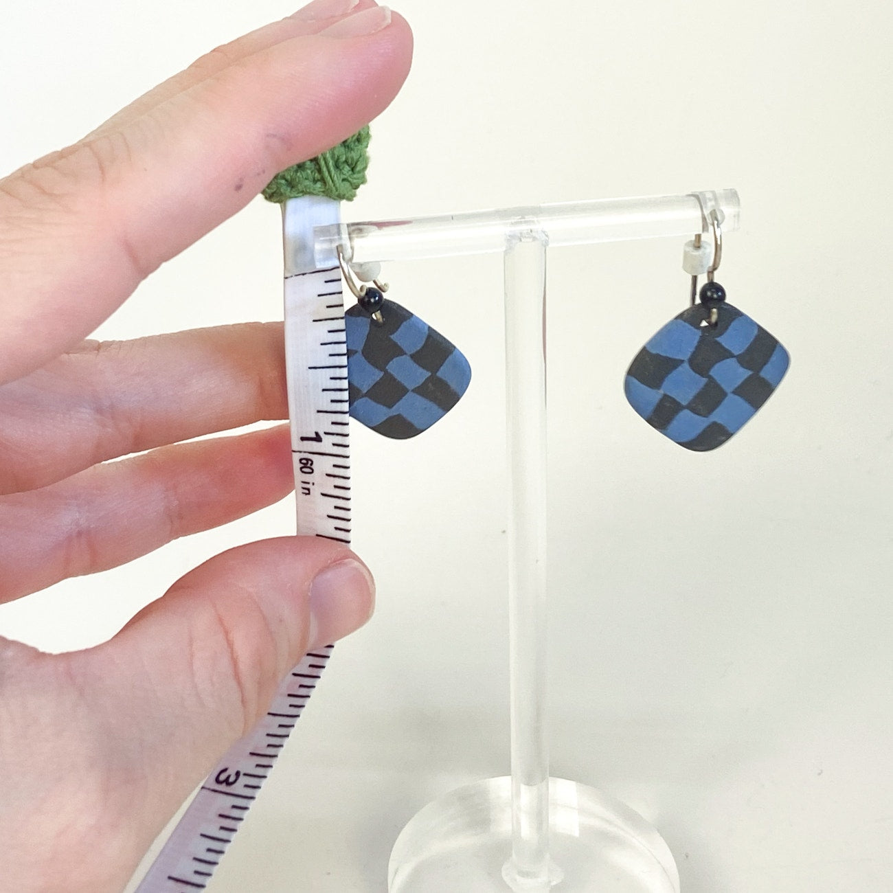 Checkered Blue Black Clay Dangle Earrings Grunge Whimsigoth