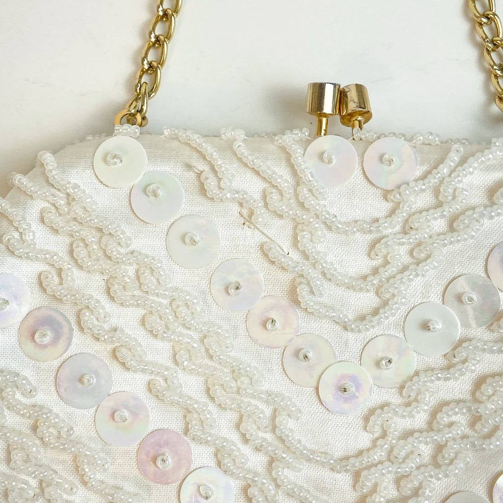 Satin Beaded Evening Bag Hand Made in Hong Kong Cream Gold Tone White Clutch