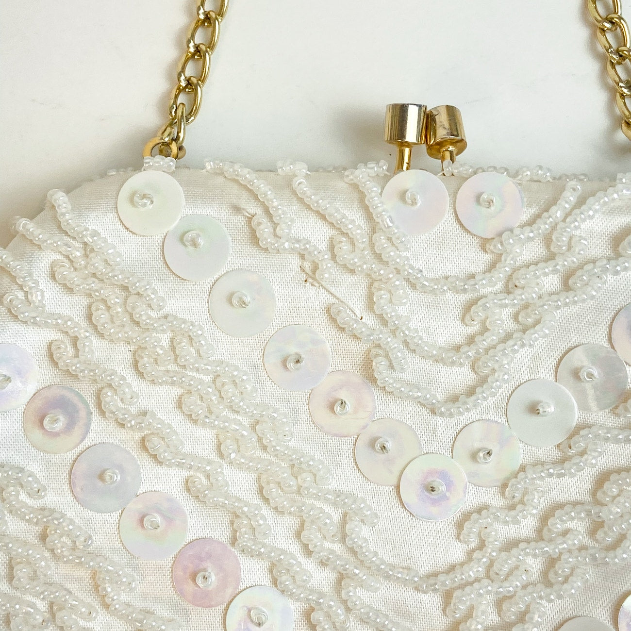 Satin Beaded Evening Bag Hand Made in Hong Kong Cream Gold Tone White Clutch
