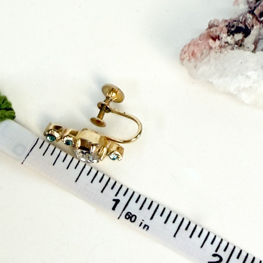 Blue and White Rhinestone Screw Back Earrings Vintage Gold-tone Clip-Ons