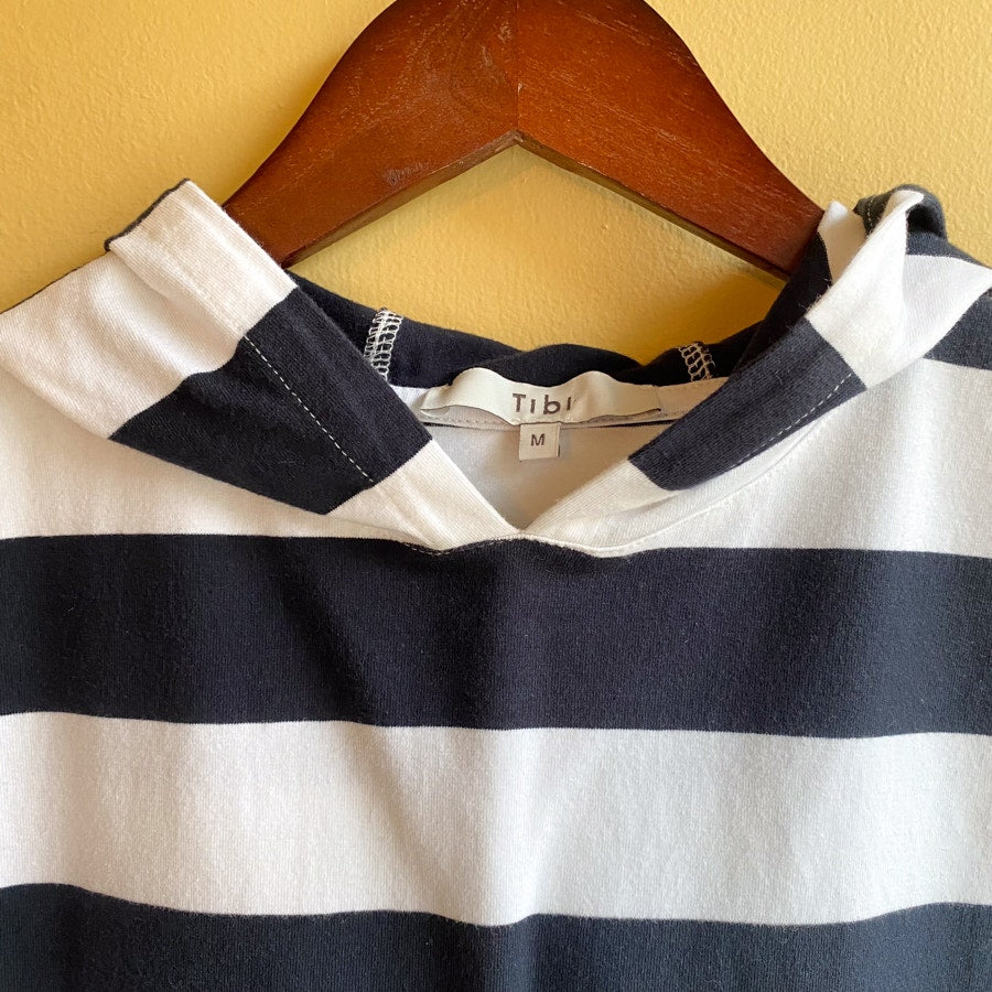 Sleeveless Hooded Nautical Tank Tibi Navy and White Striped Top