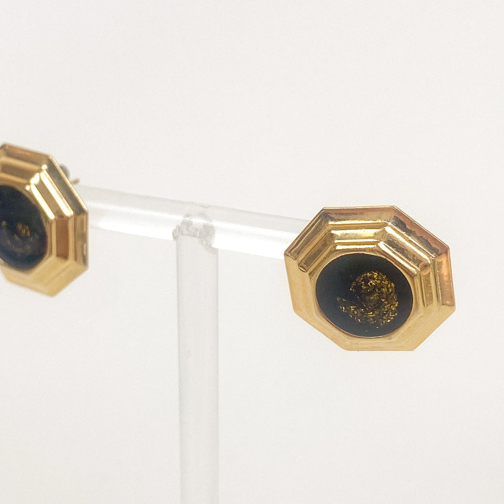 Gold Tone Enamel Stud Earrings Retro Hexagon Bezel